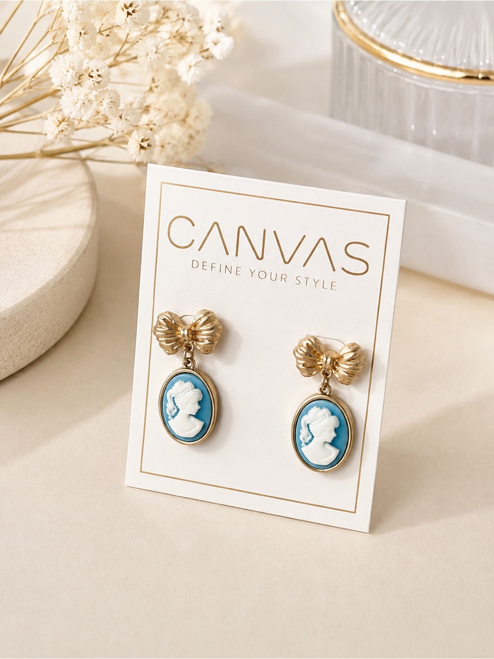 Bella Canvas Gold Bow Teal Cameo Drop Earrings